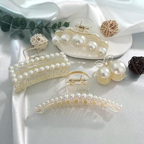 Mehayi 4 PCS Large Pearl Hair Claw Clips for Women Girls, Hair Barrette Clamps for Thick Thin Hair, Fashion Hair Accessories Headwear Styling Tools for Party Wedding thumbnail 5