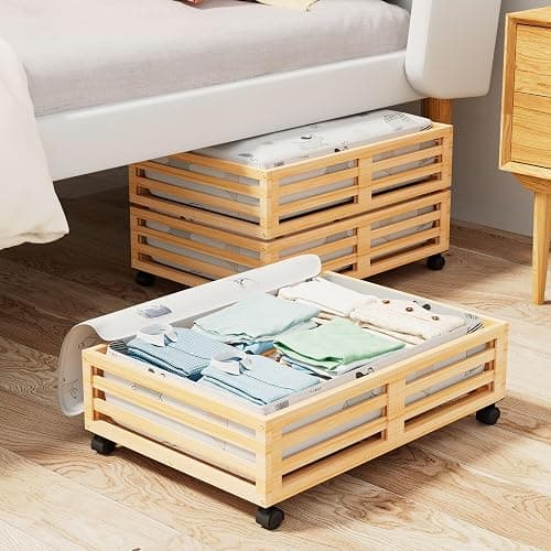 Bamboo Under Bed Storage with Wheels Rolling Underbed Drawer with Lids | 360° Lockable Wheels,120lbs Load Capacity,Multi-scene,Dustproof Storage Bag,Sturdy Wood Shoe Storage,Clothes Storage Drawers - Image 1