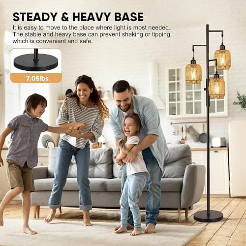 ROTTOGOON Dimmable Boho Floor Lamp - 3 Light Farmhouse Rattan Floor Lamp for Living Room, Industrial Tree Floor Lamps with 3 X 6W LED Bulbs, Rustic Standing Tall Lamp for Bedroom, Office, 68", Black thumbnail 5