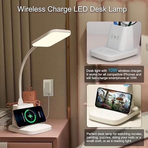 Sailstar Upgraded LED Desk Lamp with Wireless Charger, White Small Desk Light with Pen Holder, 3 Color Modes, CRI 85, 800 Lumen, Study Lamps for College Dorm Room, Home Office, Adapter Included thumbnail 2