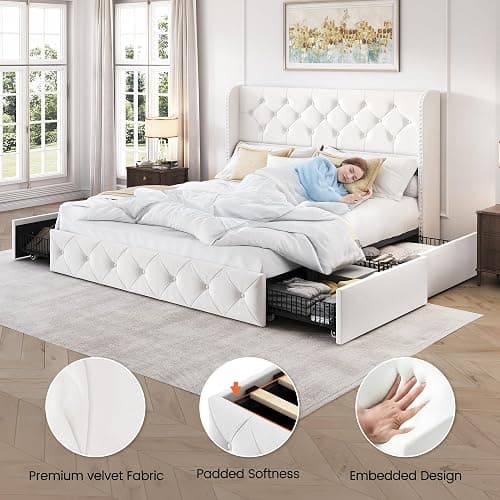 LARMACE Queen Size Bed Frame with 4 Storage Drawers and Wingback Headboard Velvet Upholstered Platform Bed Frame Tufted Beds with Wooden Slats Support, Easy Assembly, White thumbnail 7