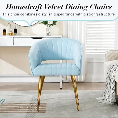 Homedraft Velvet Vanity Chair, Modern Home Office Desk Chair with Hollow Back, Upholstered Dining Chair with Gold Metal Legs, Comfy Accent Chair for Living Room Bedroom, Light Blue thumbnail 9