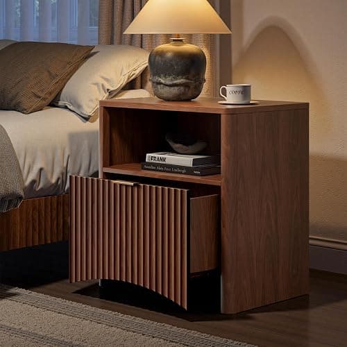 Evermagin Fluted Nightstand Set of 2, Walnut Bedside Table with Drawer and Storage, Wood End Table Mid Century Modern, Large Night Stand for Bedroom thumbnail 5