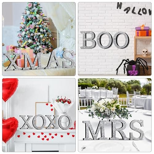 Qunclay Silver Crystal Diamond Bling Letters Crushed Diamond Decorations Wooden Glitter Letters with Screw and Hooks Rhinestone Gifts for Christmas Wedding Bedroom Wall Decor (8''l X 8''w,Letter M) thumbnail 7