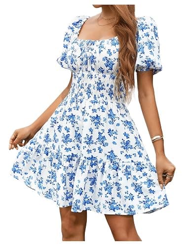 Floerns Women's Boho Square Neck Puff Short Sleeve Self Tie Front A Line Dress thumbnail 5