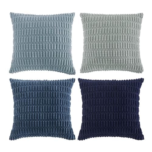 Fancy Homi Set of 4 Blue Decorative Throw Pillow Covers 18x18 Inch for Couch Bed Chair, Modern Farmhouse Boho Room Decor, Soft Fuzzy Corduroy Textured Striped Coastal Blue Cushion Case 45cm thumbnail 6