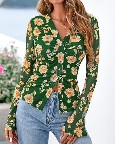 BTFBM Button Down Shirts for Women 2026 Spring Boho Tops V Neck Long Sleeve Blouses Ruched Mesh Fitted Fall Fashion thumbnail 2