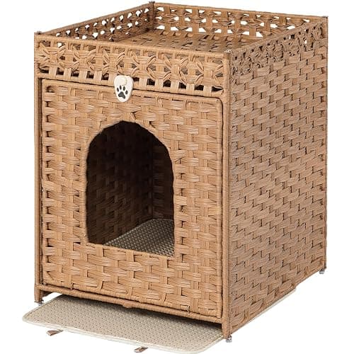 Snughome Cat Litter Box Enclosure Furniture Hidden with Litter Mat, Hidden Washroom Furniture with Door, Handwoven Rattan Cat Washroom Box, Indoor Pet House for Living Room, Bedroom(Natural) thumbnail 9