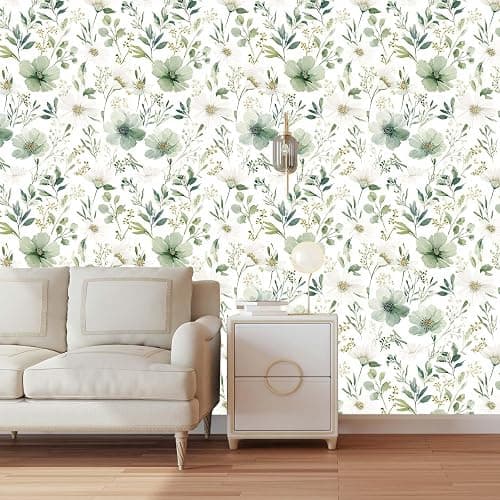Akodm Sage Green Floral Peel and Stick Wallpaper Self Adhesive Removable Modern for Bedroom Accent Wall Renter Friendly Thick Watercolor Natural Flower Wallpaper 17.7" x 393.7" thumbnail 2