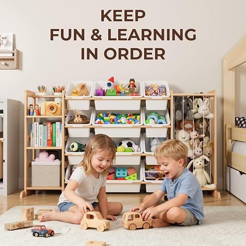 Toy Storage Organizer with Bookshelf and Stuffed Animal Storage - Kids Playroom Organization with Shelves and 12 Toy Bins - Toddler Living Room Toy Box for Lego - Nursery Bedroom Decor Essentials thumbnail 3