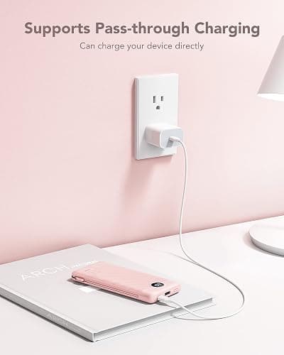 VRURC 10000mAh Portable Charger with Built-in Cables and AC Wall Plug Ultra Slim Power Bank USB C Phone Charger 5 Output 2 Input External Battery Pack LED Display Compatible with All mobilephone-Pink thumbnail 7