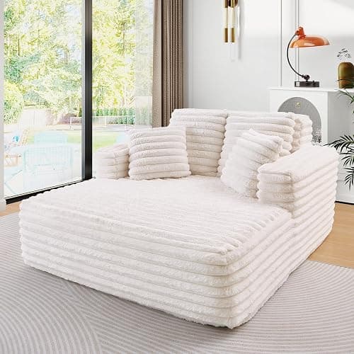 JEEOHEY 56" Oversized Chaise Lounge Chair Indoor,Plush Faux Fur Sleeper Sofa Couch Bed with Pillows&Wide Armrests,Fluffy Comfy Cloud Couch,Compression Foam Couch for Living Room,Bedroom(Beige) - Image 1