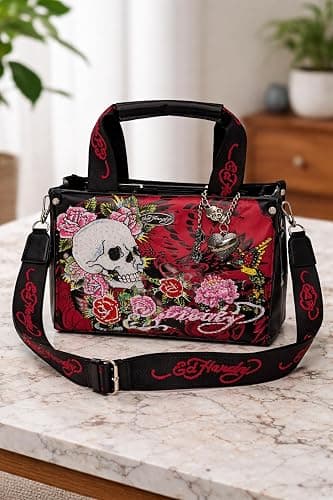 ED HARDY Women’s Tattoo Print Crossbody Bag – Floral Skull Graphic Shoulder Bag with Adjustable Strap thumbnail 3