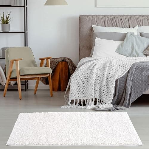 THE RUGS Living Room Rug - Shaggy Soft And Elegant Carpets For The Bedrooms And Kitchen, Easy To Clean, Many Different Sizes (80x150 cm, White) thumbnail 3