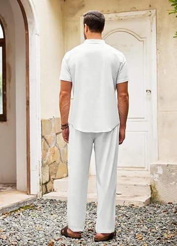 COOFANDY Men's 2 Pieces Cotton Linen Set Casual Short Sleeve Henley Shirts Beach Yoga Pants Summer Outfits thumbnail 9