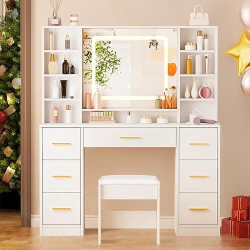 ANWBROAD Vanity Desk Table with Lighted Mirror 39.4“ Girls Makeup Vanity with Power Outlet 3 Colors Lighting Adjustable Brightness Vanity Table for Women Bedroom Dressing Room White UBDT65W thumbnail 6