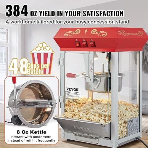 VEVOR Commercial Popcorn Machine, 8 Oz Kettle, 850 W Countertop Popcorn Maker for 48 Cups per Batch, Theater Style Popper with 3-Switch Control Steel Frame Tempered Glass Doors 2 Scoops 2 Spoons, Red thumbnail 5