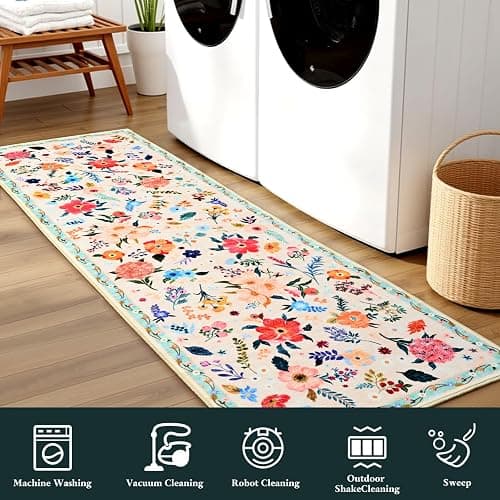Terrug Floral Large Area Rug for Living Room, 6x9 Beige Washable Rug Boho Ultra-Thin Carpet, Soft Non Slip Stain Resistant Vintage Rug for Living Room, Bedroom, Dorm, Dining Room, Office thumbnail 6