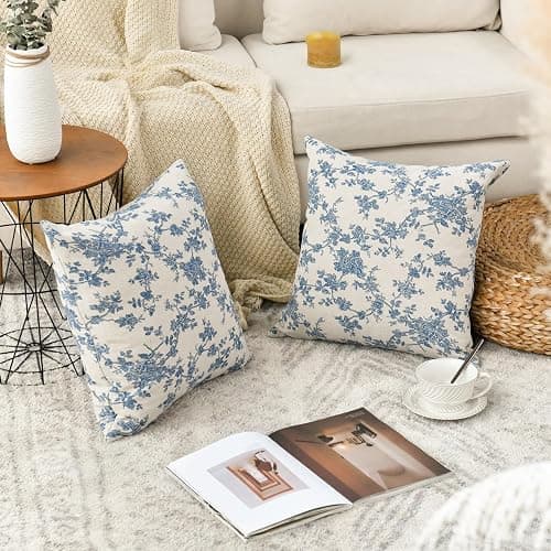 AVOIN colorlife Chinoiserie Grandmillennial Bule White Flower Christmas Throw Pillow Covers 18 x 18 Inch Set of 2, Sateen Breathable Cushion Case on Sofa Couch Soft for Quality Sleep thumbnail 2