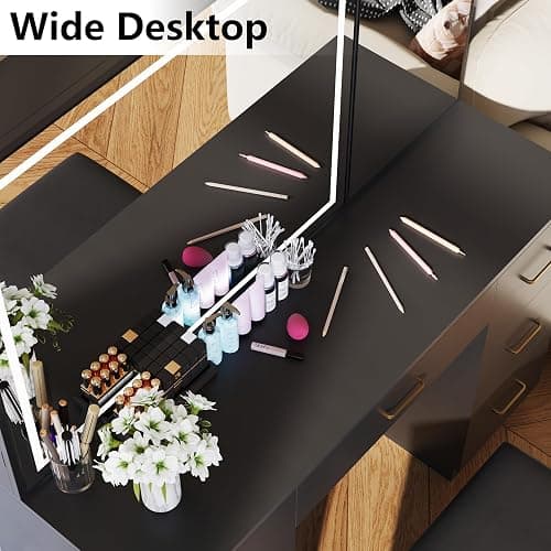 Jartoil Vanity Desk with Large Mirror and Lights, Black Makeup Vanity with 7 Drawers, Adjustable Brightness Vanity Table with Glass Door Cabinet, Modern Vanity Set with Stool for Bedroom thumbnail 6