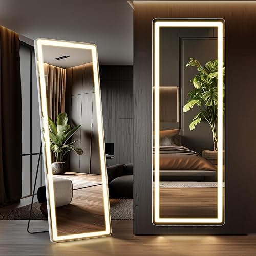 Aidoly LED Rectangular Full Length Mirror, 64"L x 21"W Body Standing Mirror | Shatterproof Tempered Glass, 3 Color Lighting Standing, for Bedroom Cloakroom Livingroom, White - Image 1