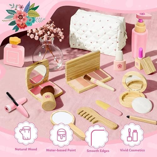 KIDBEST Wooden Makeup Toy Set for Toddler [2026] Play Makeup Kit for Girls 3-5 with Pretend Wood Lipstick/ Mirror/ Brushes/ Cosmetic Set Beauty Girl Birthday Gift Age 3 4 5 6 thumbnail 5