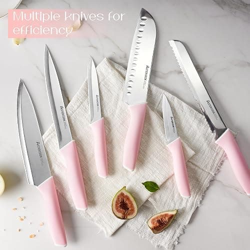 Astercook Knife Set, Kitchen Knives Set with Block and Sharpener 15 Pcs German Stainless Steel Knives Sharp Blade Dishwasher Safe Deba Knives with Ergonomic Handle, Crystal Pink thumbnail 4