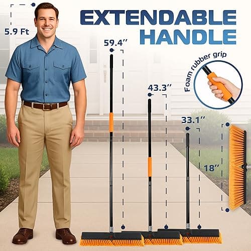 DSV Standard 18’’ Push Broom Outdoor Heavy Duty with 59.4’’ Long Handle, Industrial Broom with Stiff Bristles, Floor Broom for Cleaning Patio Garage Shop Deck Concrete Wood Stone Tile Floor thumbnail 3