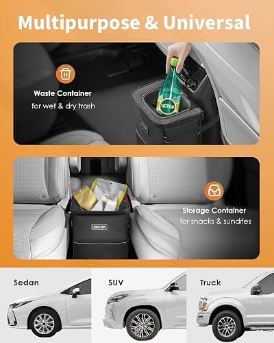 HOTOR Car Trash Can with Lid and Storage Pockets - 100% Leak-Proof Organizer, Waterproof Garbage Can, Multipurpose Trash Bin for Car, 2 Gallons, Black - 2 Gallons - Black thumbnail 6