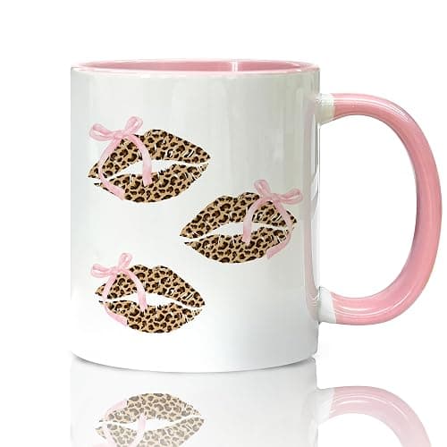 Foyoulame Pink Bow Leopard Print Lips Coffee Mugs, Leopard Cheetah Mug - Preppy Coquette Bow, Coffee Teacup, Preppy Girly Gift Mugs for Women Girls, Coquette Cheetah Print Lips Ceramic CoffeeMug 11oz - Image 1