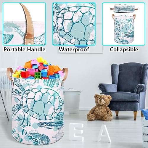 Large Laundry Hamper Basket Ocean Theme Round Freestanding Clothes Basket, Sea Turtle Collapsible Storage Organizer Bin with Leather Handles for Dirty Clothes Toys, Nursery Home Storage 16"W x 20"H thumbnail 5