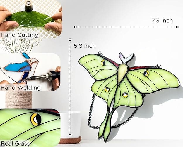AuroAura Green Luna Moth Stained Glass Window Hanging - Handmade Real Glass Suncatcher for Women, Mom, Grandma - Elegant Green Butterfly Gifts Box Home Decor (H5.8xW7.3 Inch) thumbnail 2