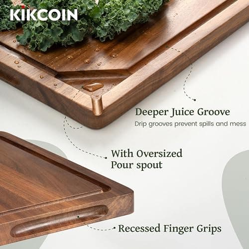 Kikcoin Wood Cutting Boards for Kitchen, 3 PCS Wooden Cutting Board Set with Holder, Chopping Board with Built-In Compartments and Juice Groove, Solid Charcuterie Board Serving Tray Wood Butcher Block thumbnail 4
