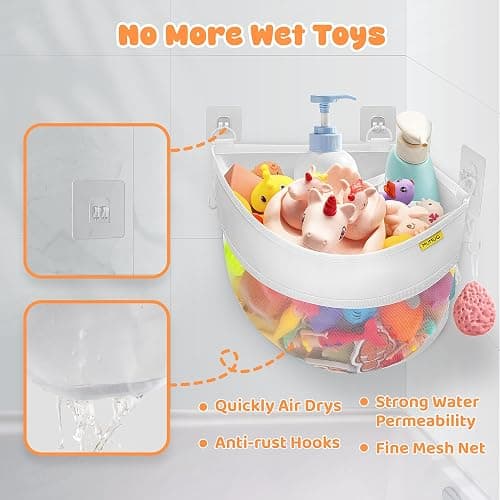 Bath Toy Storage Corner Wall Mounted, 4.32 Gallons Bath Toy Holder, Bottom Zipper Mesh Bathtub Toys Storage Organizer Bag, Quick Access Baby Shower Caddy Quick Dry Bathtub Toys Holder Accessory thumbnail 6
