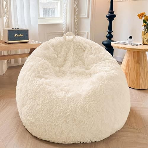 XeGe Fluffy Stuffed Animal Storage Bean Bag Chair Cover(No Filler), Faux Fur Washable Ultra Soft Bean Bag Cover for Plush Toys or Textile, Plush Shaggy Large Bean Bag for Adults Kids Teens, Beige - Image 1