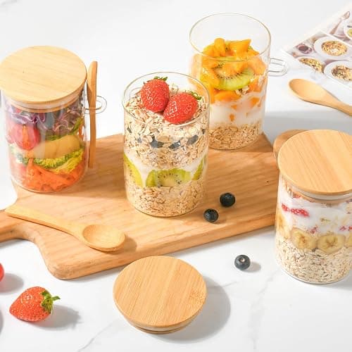 Overnight Oats Containers with Lids,4 Pack 18oz Overnight Oats Jars with Spoons,Salad Meal Prep Jar with Bamboo Lids for Chia Seed Pudding Salad Cereal Coffee Flour,Sourdough Starter Jar for Bread thumbnail 8