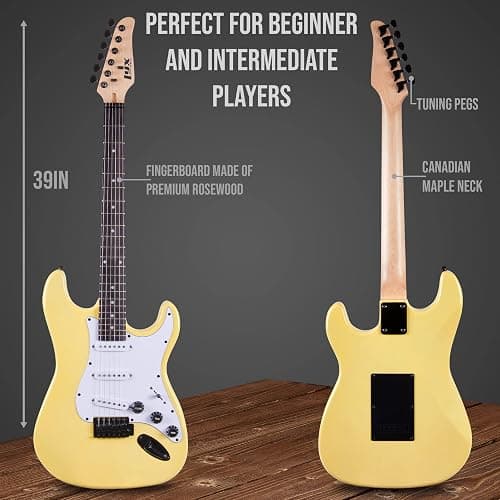 LyxPro 39 inch Electric Guitar Kit Bundle with 20w Amplifier, All Accessories, Digital Clip On Tuner, Six Strings, Two Picks, Tremolo Bar, Shoulder Strap, Case Bag Starter kit Full Size - Retro Yellow thumbnail 3