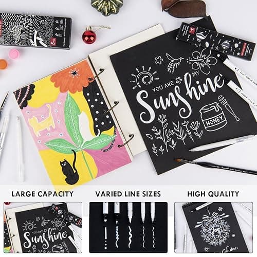Brusarth White Pens Set, 5 Pack, 1mm White Gel Pens, Dual-Tip Acrylic Paint Pen, Brush Tip Acrylic Markers for Black Paper Drawing, Sketching, Illustration, Card Making, Bullet Journaling thumbnail 4