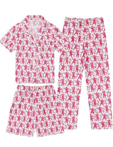 SWOMOG Kids Pajamas Sets 3PCS Short Sleeve Long Pants with Shorts Girls Boys Button Down PJS Cute Loungewear for 4T-15Years, - Image 1