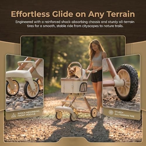 EPPMagice All-Terrain Pet Stroller for Small Medium Dogs & Cats, 20 lbs Capacity - Portable Carrier with One-Touch Brake, Lightweight Foldable Design & Shock Absorption Wheels,Beige thumbnail 4
