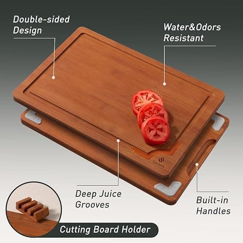 3 Packs Bamboo Cutting Board Set with Non Slip Feet Holder and Over Sink Nice Solid Thick Wood Juice Groove Chopping Board Extra Large Big Small Best Hardwood Kitchen Organic Vegetable Meat BBQ Kit thumbnail 5