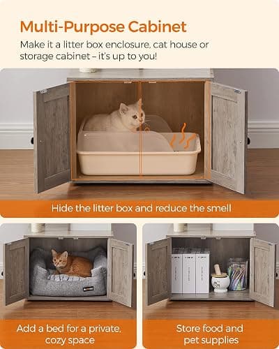 Feandrea Cat Tree with Litter Box Enclosure, 2-in-1 Modern Cat Tower, 55.1-Inch Cat Condo with Scratching Posts, Removable Pompom Sticks, Greige UPCT113G01 thumbnail 4