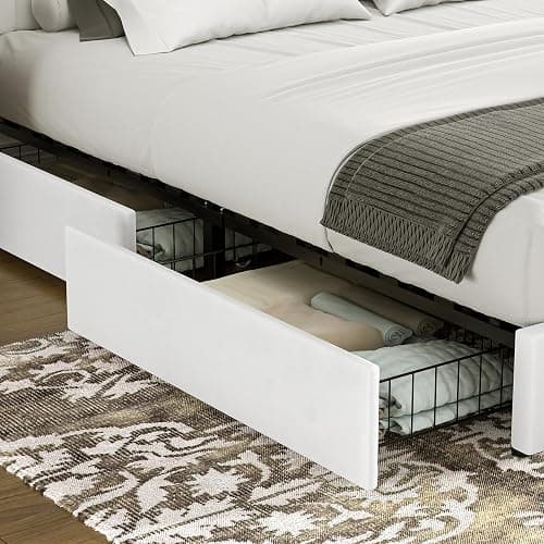 VECELO Queen Size Upholstered Bed Frame with 4 Drawers and Headboard, Velvet Platform Storage Bedframe, Wooden Slats Support, No Box Spring Needed,Snow-White thumbnail 4
