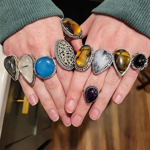 SUNYARAN Handmade 10 Pcs Adjustable Gemstone Ring Set for Women, Silver Plated Fashion Boho Knuckle Rings, Vintage Gothic Statement Jewelry Gift Pack thumbnail 2