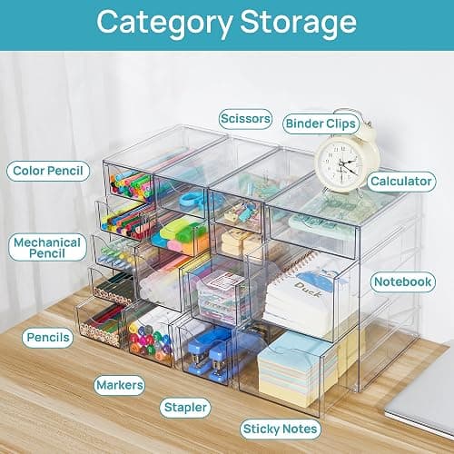 Vtopmart 4 Set Acrylic Desk Organizer with 16 Drawers for Office, Makeup | Clear Storage Drawers for Office Supplies, Desktop Organization for Makeup, Jewelry, Art Crafts, Bead, Pen, Stationary thumbnail 4