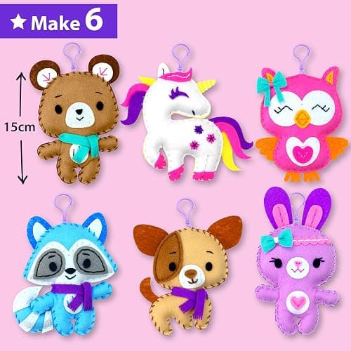 KRAFUN Unicorn Sewing Keyring Kit for Kids Age 7 8 9 10 11 12 Learn Art & Craft, Includes 6 Stuffed Animal Bear, Dog, Rabbit, Raccoon, Owl Dolls, Instruction & Felt Materials thumbnail 2
