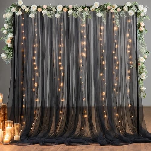 10×10ft Black Tulle Backdrop Curtain with Lights String for Parites, Sheer Photo Backdrop Curtains for Wedding Party Photography Background thumbnail 6