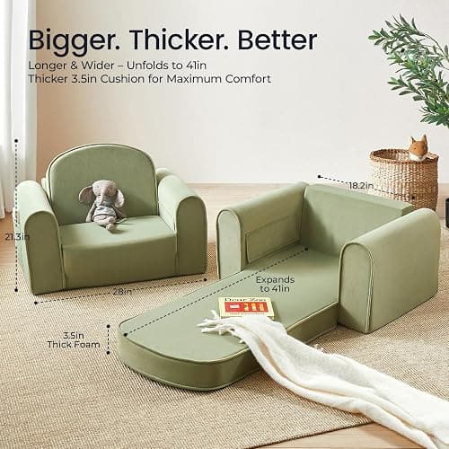 Tiny Land 2-in-1 Foldable Kids Couch with Pockets – Soft Thick Toddler Sofa, Lounger Couch, Convertible Kids Chair for Playroom, Bedroom or Living Room, Gift for Boys & Girls(Green) thumbnail 5