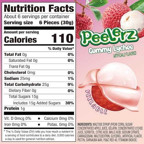 AMOS Peelerz Lychee Gummy Candy, Peelable Fruit-Shaped Candy | 6oz Resealable Pouch | Made with Real Fruit Juice, Fun & Chewy Snack for Holidays thumbnail 2