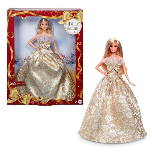 Barbie Signature 2025 Holiday Blonde Fashion Doll Wearing Silver & Gold Gown, Seasonal Collector in Displayable Packaging & Stand - Image 1
